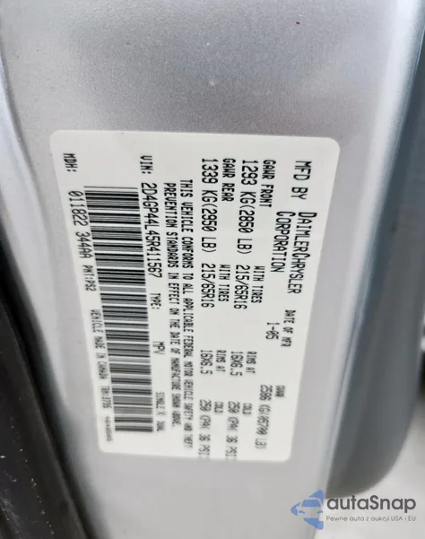 2005 Dodge Grand Caravan Sxt z USA, uszkodzony, nr VIN 2D4GP44L45R411567